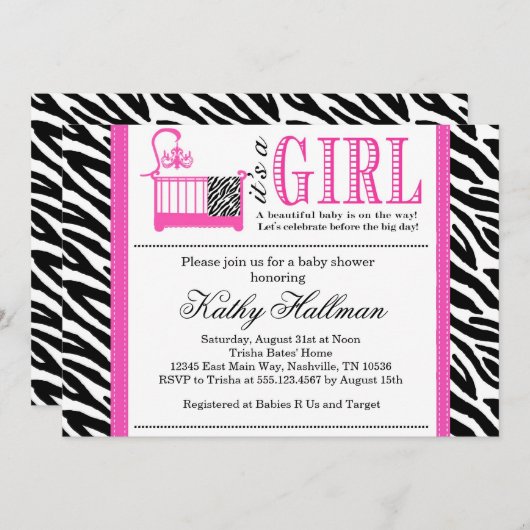 Hot-roze en Zebra-uitnodiging Aangepast Kaart (Voorkant / Achterkant)