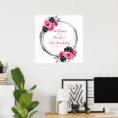 Hot Roze en Zilver Elegant Bloemen Verjaardagsfees Poster (Thuiskantoor)