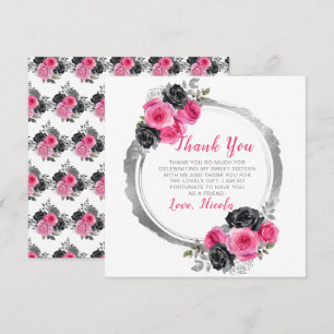 Hot Roze en Zilver Elegante Bloemen Sweet Sixteen Bedankkaart
