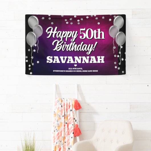 Hot roze en zilver Happy Birthday Banner (Insitu)