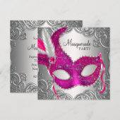 Hot Roze en Zilveren Maskerade Party Kaart (Voorkant / Achterkant)