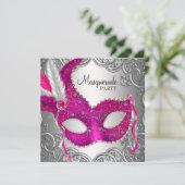 Hot Roze en Zilveren Maskerade Party Kaart (Staand voorkant)