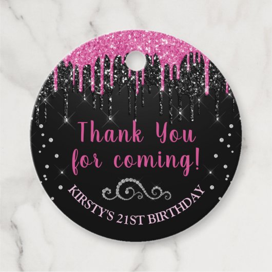 Hot-roze en zwart opstrijken Glitter Birthday Bedankjes Labels (Voorkant)