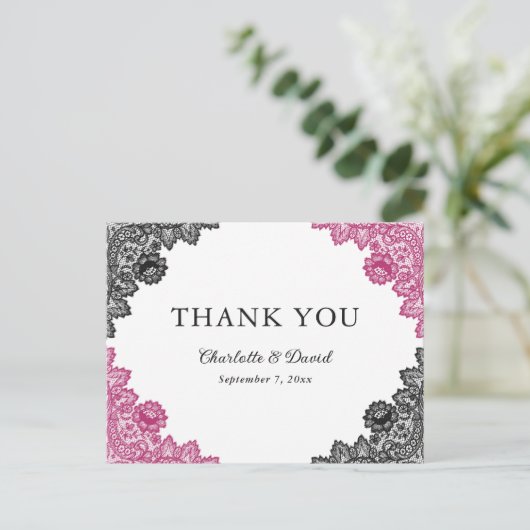 Hot Roze en Zwarte Bloemen Kant Trouwen Dank U Briefkaart (Staand voorkant)