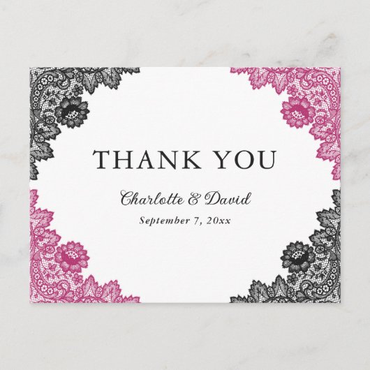 Hot Roze en Zwarte Bloemen Kant Trouwen Dank U Briefkaart (Voorkant)
