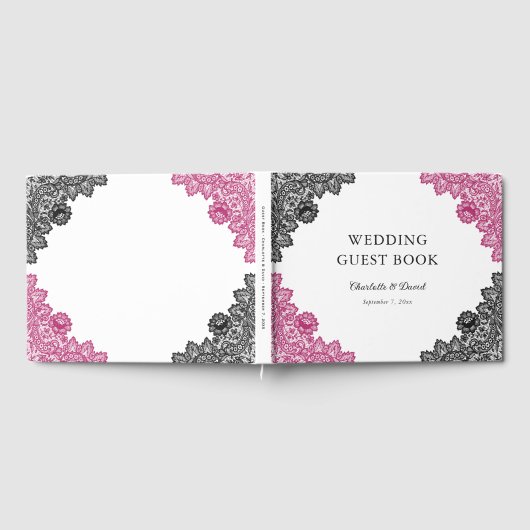 Hot roze en zwarte bloemenkant bruiloft gastenboek (Volledig)