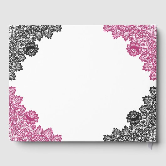 Hot roze en zwarte bloemenkant bruiloft gastenboek (Achterkant)