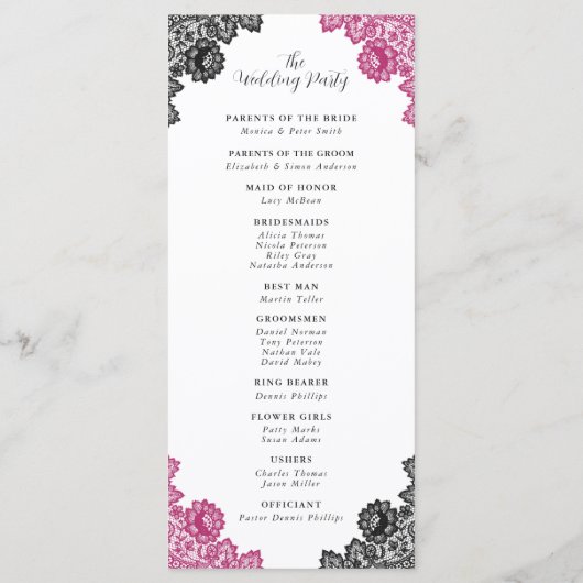 Hot roze en zwarte bloemenkant bruiloft programma (Achterkant)