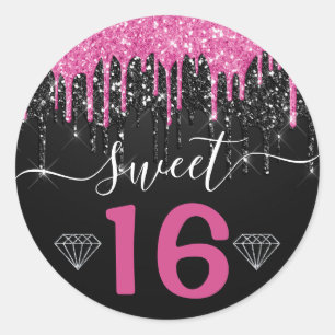 Hot-roze en zwarte druppelaar Glitter Sweet 16 Ronde Sticker
