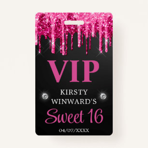 Hot-roze en zwarte druppelaar Glitter Sweet Sixtee Badge