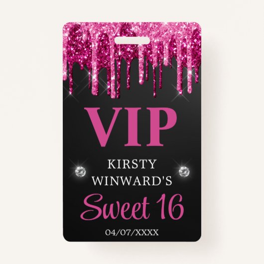 Hot-roze en zwarte druppelaar Glitter Sweet Sixtee Badge (Voorkant)