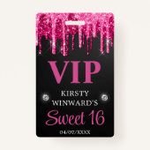Hot-roze en zwarte druppelaar Glitter Sweet Sixtee Badge (Achterkant)