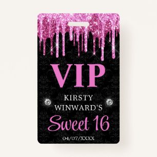 Hot-roze en zwarte druppelaar Glitter Sweet Sixtee Badge