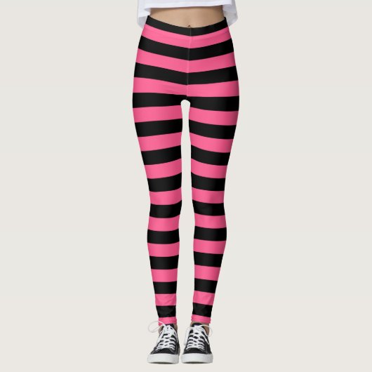 Hot-roze en zwarte strepen leggings (Voorkant)