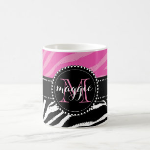 Hot-roze en zwarte zebra Afdrukken Monogram giraal Koffiemok