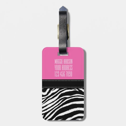Hot-roze en zwarte zebra Afdrukmonogram giro2 Bagagelabel (Achterkant verticaal)