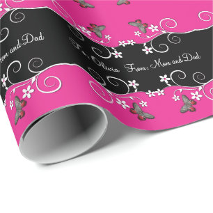 Hot-Roze en zwarte Zwirly Flowers Cadeaupapier
