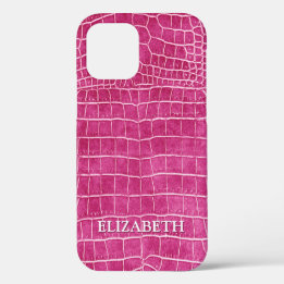 Hot-roze Faux Crocodile Leather Persoonlijke naam iPhone 12 Hoesje