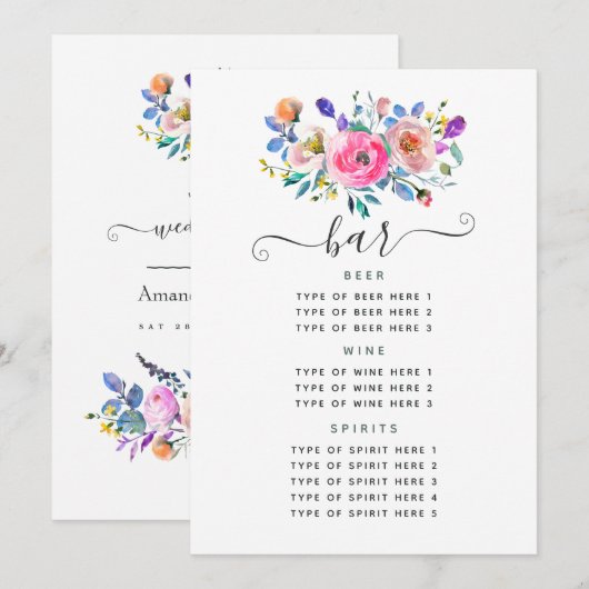 Hot-roze Floral Vintage Wedding Bar, menu (Voorkant / Achterkant)