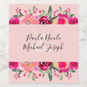 Hot-roze Floral Waterverf bruiloft Wijn Etiket (Enkel label)