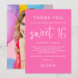 Hot roze foto lief 16 verjaardagsfeestje dank u kaart
