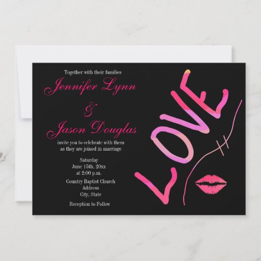 Hot-roze Fuchsia en Black Love Weddenation Kaart (Voorkant)
