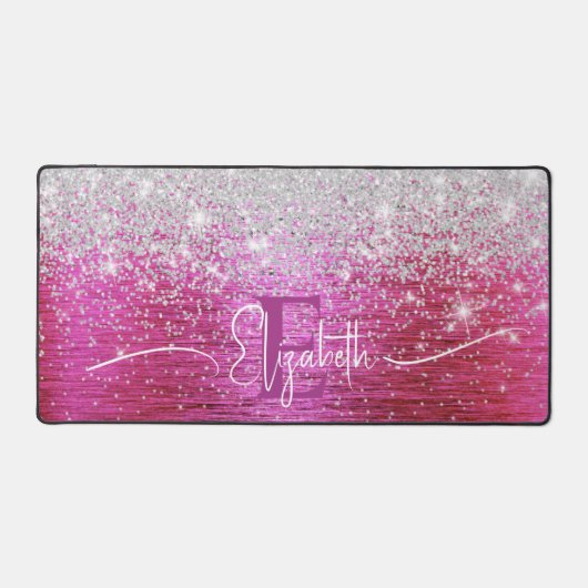Hot roze geborsteld metaal zilver glitter monogram bureaumat (Voorkant)