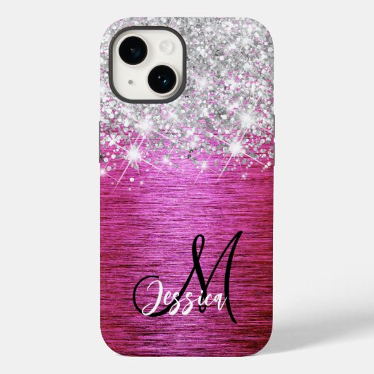Hot roze geborsteld metaal zilver glitter monogram Case-Mate iPhone case (Achterkant)