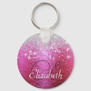 Hot roze geborsteld metaal zilver glitter monogram sleutelhanger