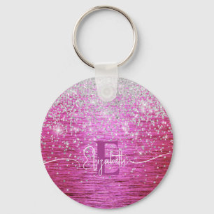 Hot roze geborsteld metaal zilver glitter monogram sleutelhanger