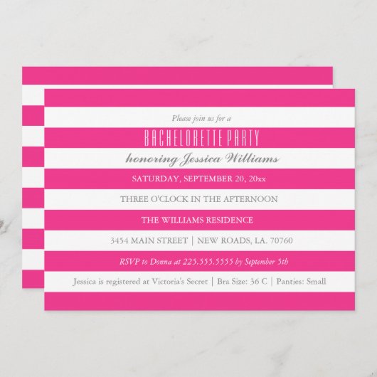 Hot Roze Gestreepte Bachelorette Party Uitnodiging (Voorkant / Achterkant)