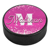 Hot roze glitter bokeh monogram hockey puck (3/4)