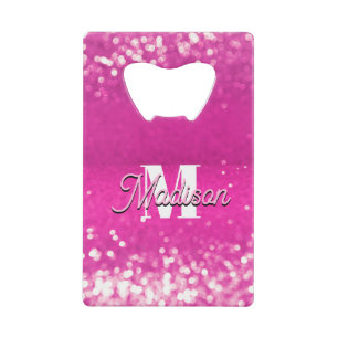 Hot roze glitter bokeh monogram kredietkaart flessenopener