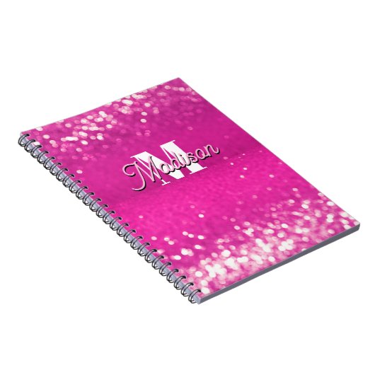 Hot roze glitter bokeh monogram notitieboek (Rechterzijde)