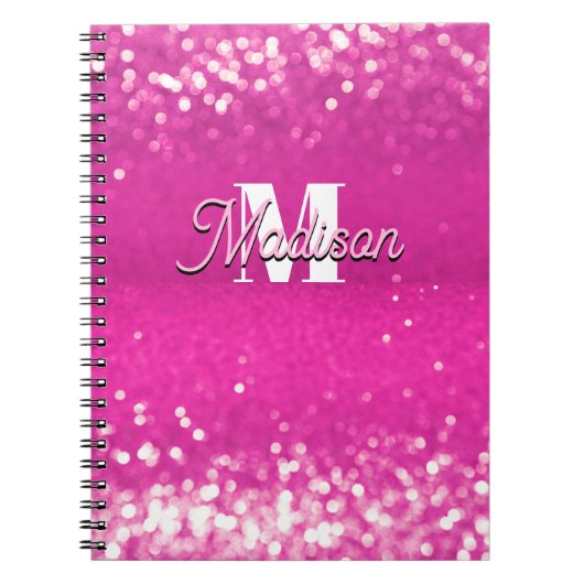 Hot roze glitter bokeh monogram notitieboek (Voorkant)