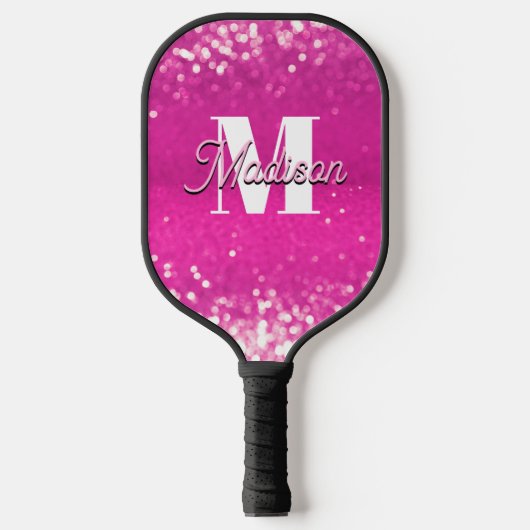 Hot roze glitter bokeh monogram pickleball paddle (Voorkant)