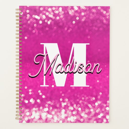 Hot roze glitter bokeh monogram planner (Voorkant)