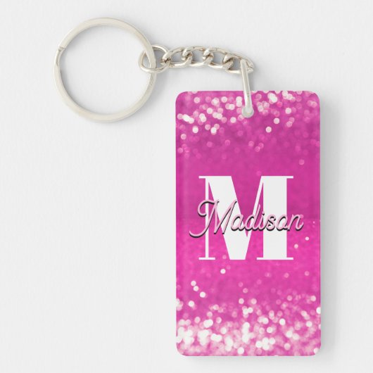 Hot roze glitter bokeh monogram sleutelhanger (Voorkant)