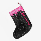 Hot-roze glitter Drip Black - Aangepaste naam Kleine Kerstsok (Achterkant (Hangend))