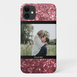 Hot-roze glitter & foto met naam iPhone 11 hoesje