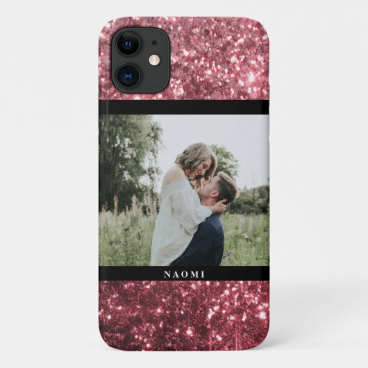 Hot-roze glitter & foto met naam Case-Mate iPhone case (Achterkant)