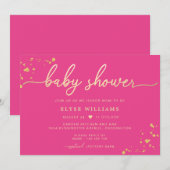Hot-roze Gold Baby shower uitnodiging (Voorkant / Achterkant)