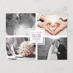 Hot Roze Hart Trouwfoto Collage Liefde & Bedankt Briefkaart