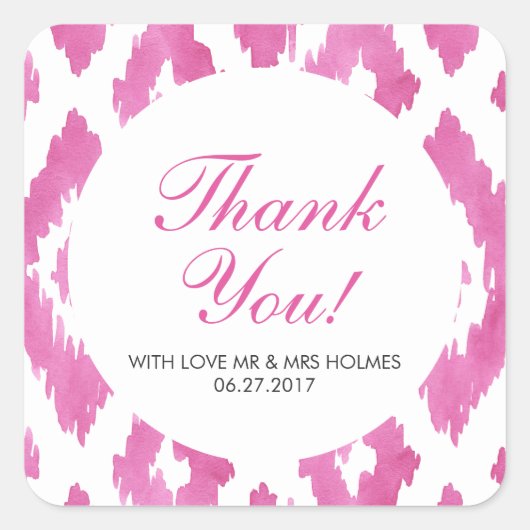 Hot-roze Ikat Dank je Vierkante Sticker (Voorkant)