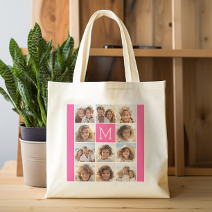 Hot-roze installagram Foto Collage Aangepast monog Tote Bag