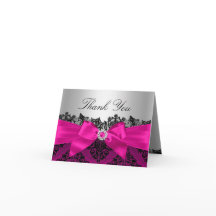 Hot Roze Kant Damast & Bow Dank u kaart