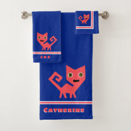 Hot roze kitty kat op blauw gepersonaliseerd bad handdoek