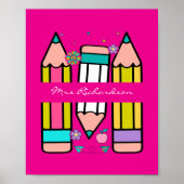 Hot Roze Kleurrijke Leraar Cartoon Potlood Poster (Voorkant)