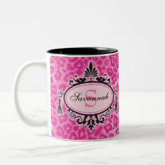 Hot-roze leopard Patroon Aangepaste naam & Monogra Tweekleurige Koffiemok