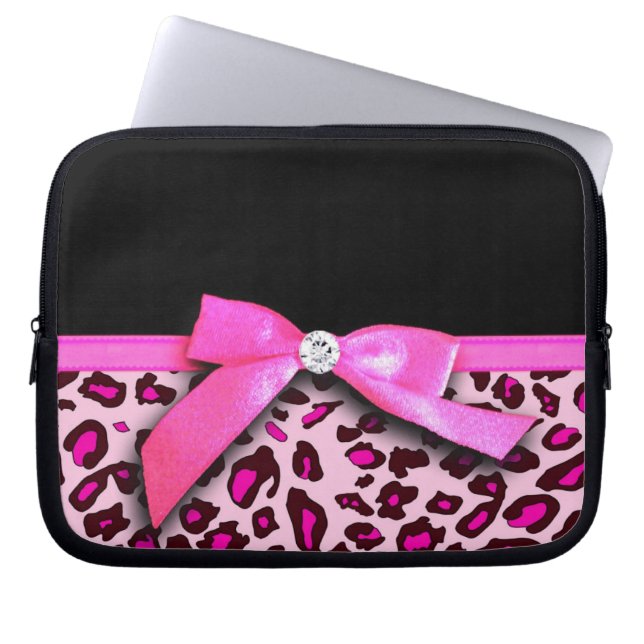 Hot-roze leopard printplaat, lintbogen, grafisch laptop sleeve (Voorkant)